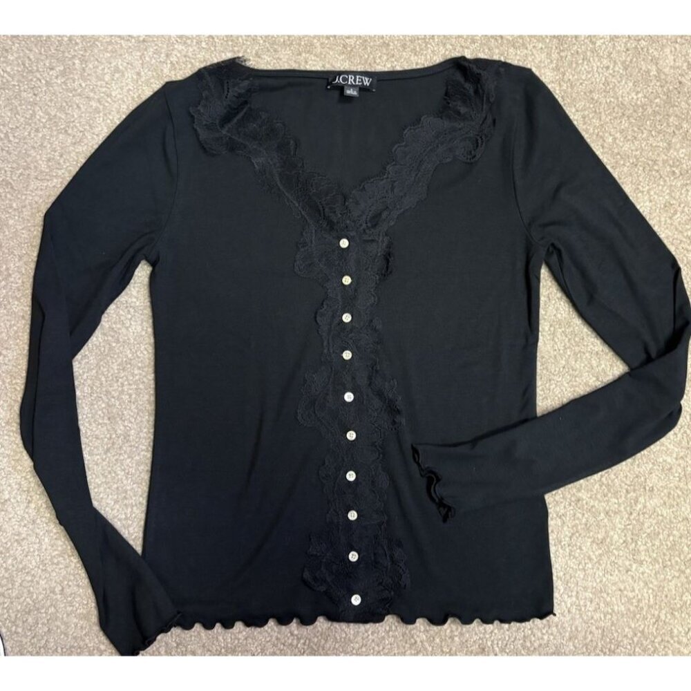 NWOT J CREW Refined Rib Cardigan top with lace trim in black size S